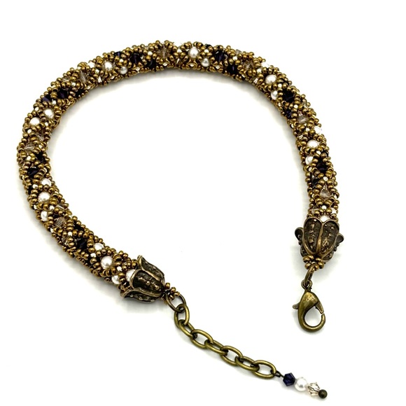 HAND CRAFTED Netted Crystal and Pearl Bracelet Bronze - Picture 5 of 8